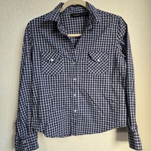 Blue plaid cotton Western style blouse with snap front closure. M